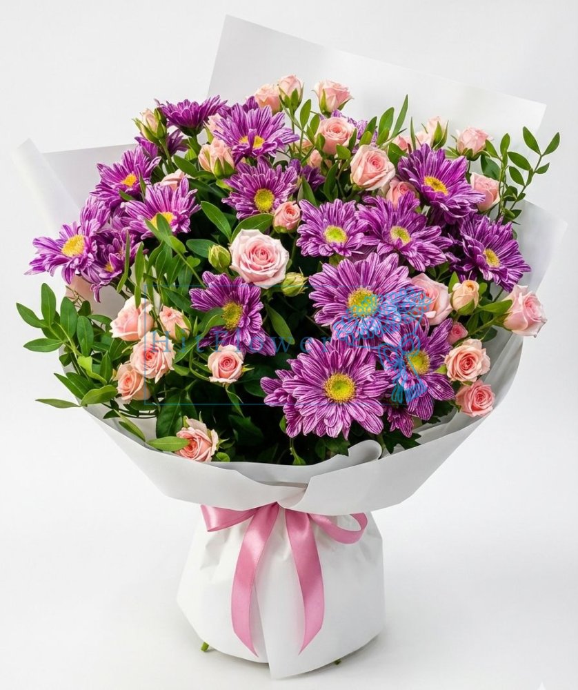 Букет цветов из: Хризантемы и Розы